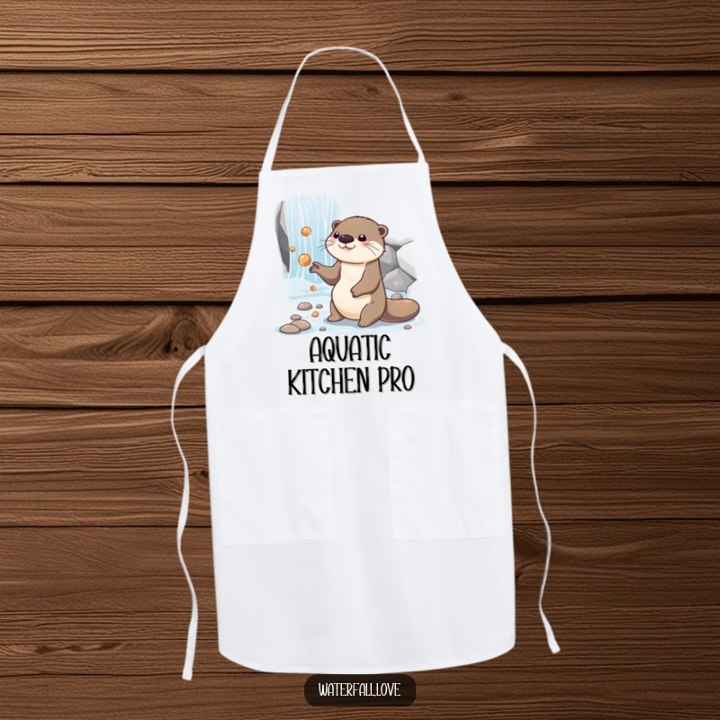 Funny otter juggling shiny pebbles by a cascading waterfall, printed on a practical and funny apron.