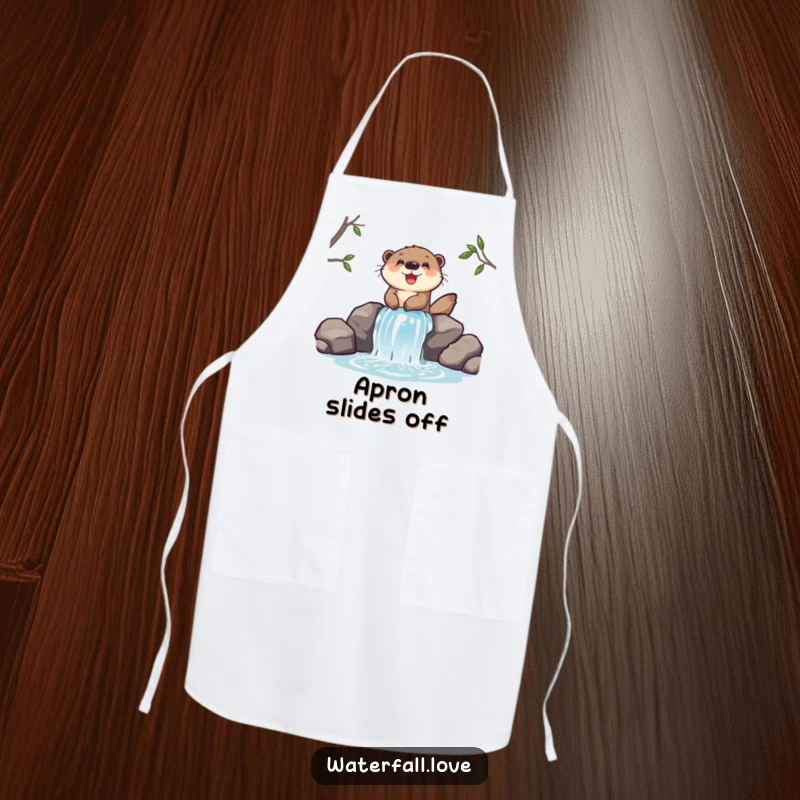 Funny apron showcasing a cheerful otter sliding down a miniature waterfall, ideal for playful cooking sessions.