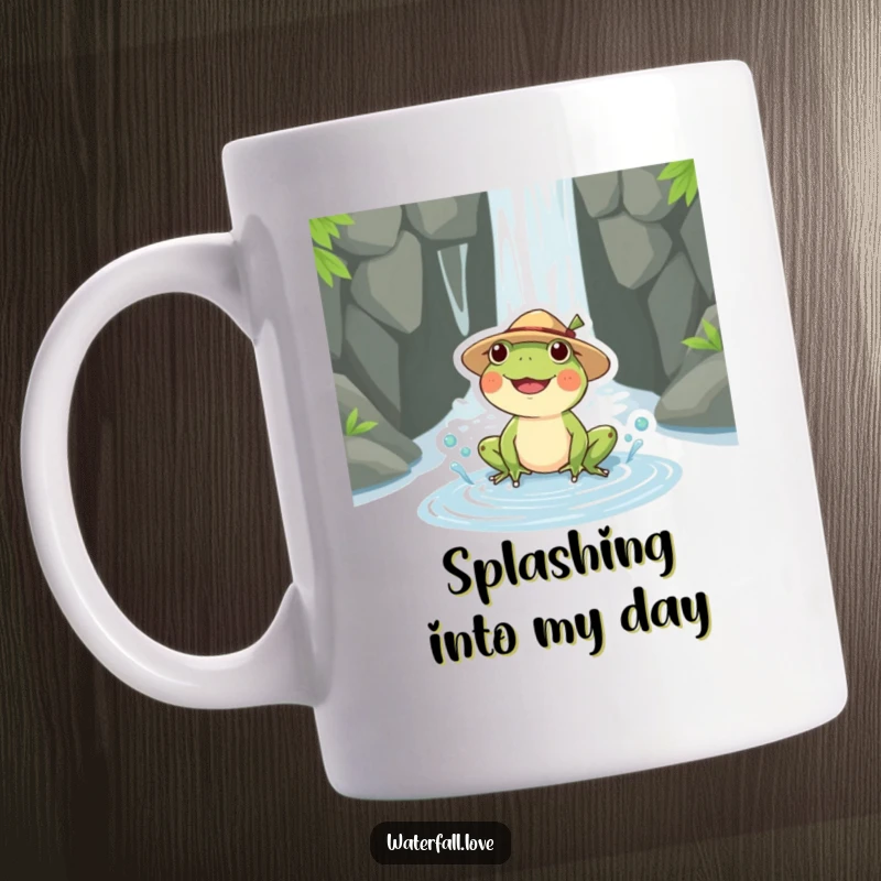 Funny frog wearing a straw hat joyfully splashing in a puddle near a waterfall, perfect for a coffee mug.