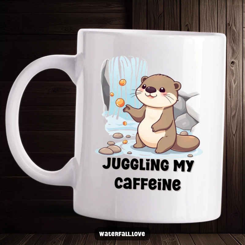Funny otter gleefully juggling shiny pebbles beside a cascading waterfall, captured on a humorous coffee mug.