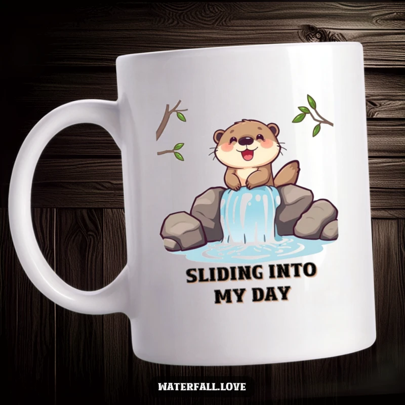 Funny mug featuring a cheerful otter gleefully sliding down a miniature waterfall, showcasing pure aquatic joy.