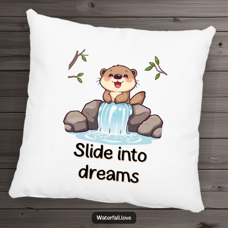 Funny pillow featuring a cheerful otter sliding down a miniature waterfall, offering comfort and a splash of joy.
