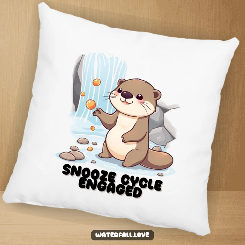 Funny otter juggling shiny pebbles near a cascading waterfall, depicted on a soft and humorous decorative pillow.