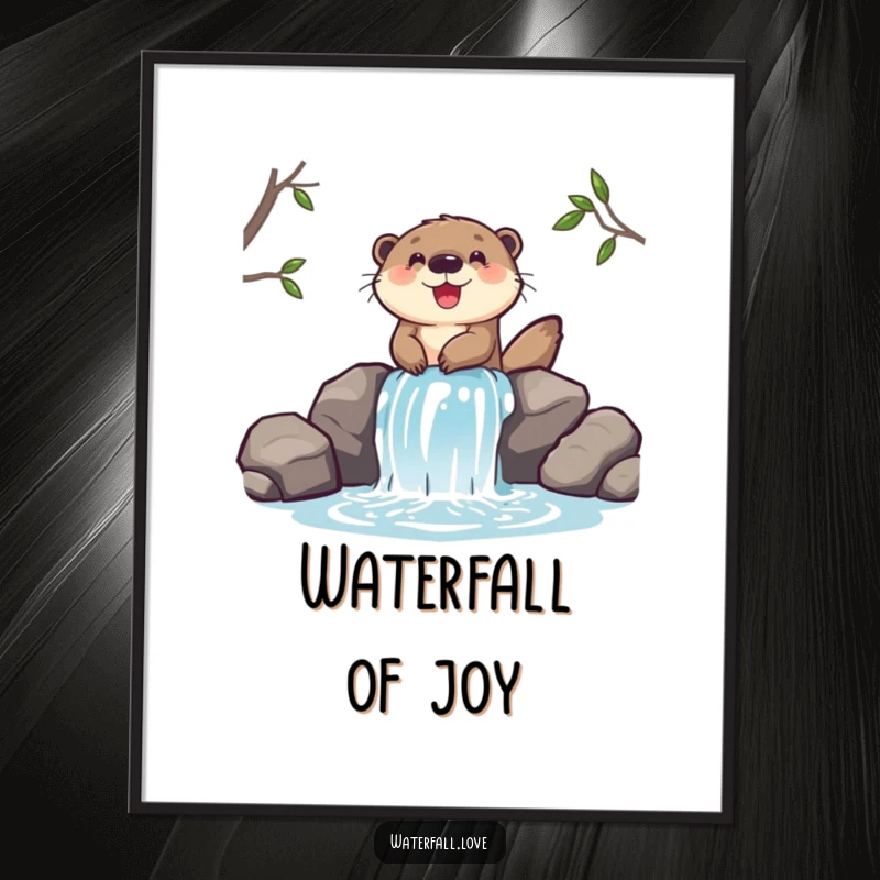Funny digital art print of a cheerful otter joyfully sliding down a miniature waterfall, full of pure aquatic delight.