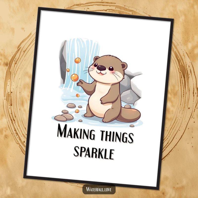 Funny otter juggling shiny pebbles by a cascading waterfall, a high-resolution digital art print for instant download.