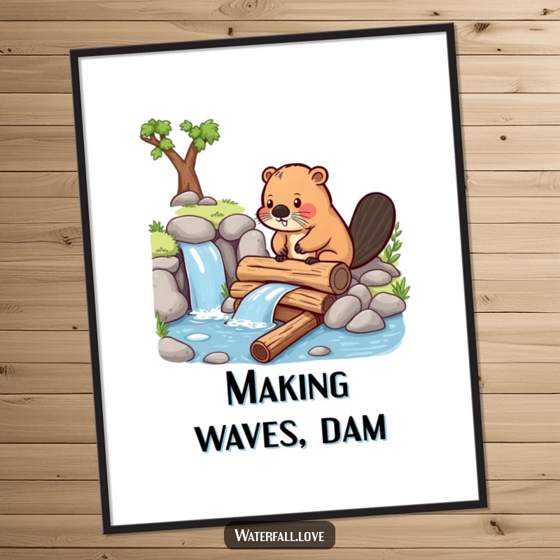 Funny beaver diligently building a dam with logs near a waterfall, a high-resolution digital art print for instant download.