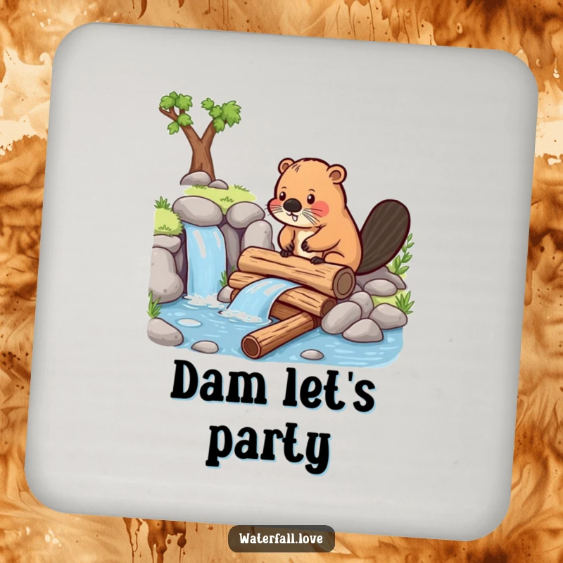 Funny beaver constructing a dam with logs near a waterfall, depicted on a durable and funny drink coaster.