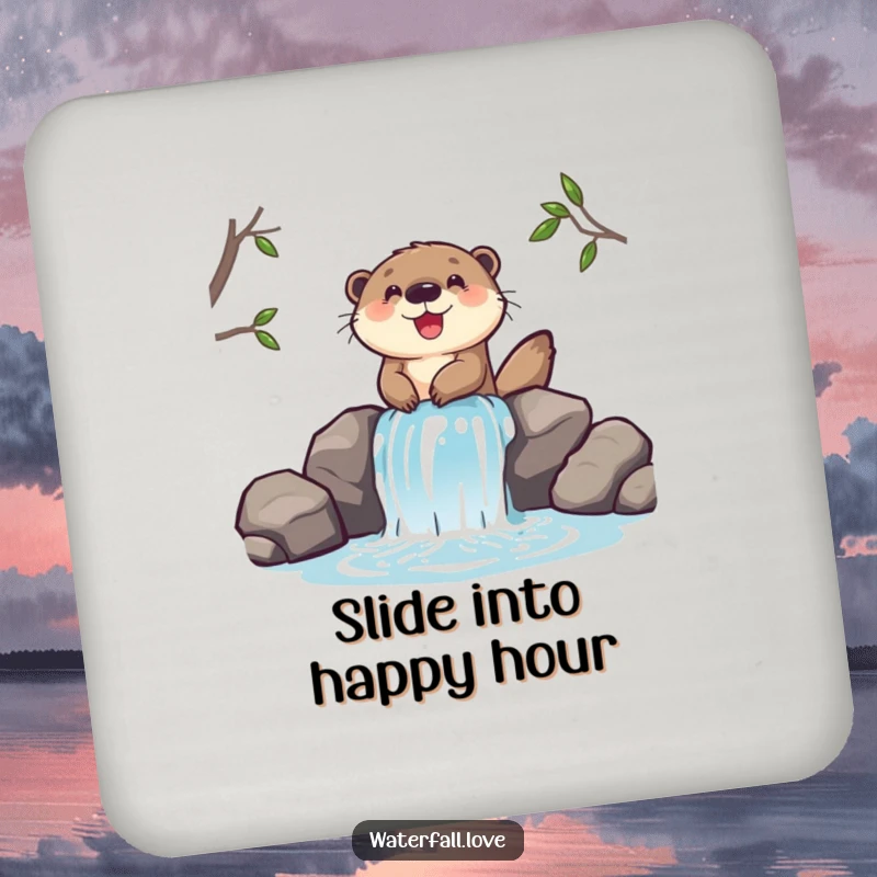 Funny coaster featuring a cheerful otter sliding down a miniature waterfall, adding a splash of fun to any surface.