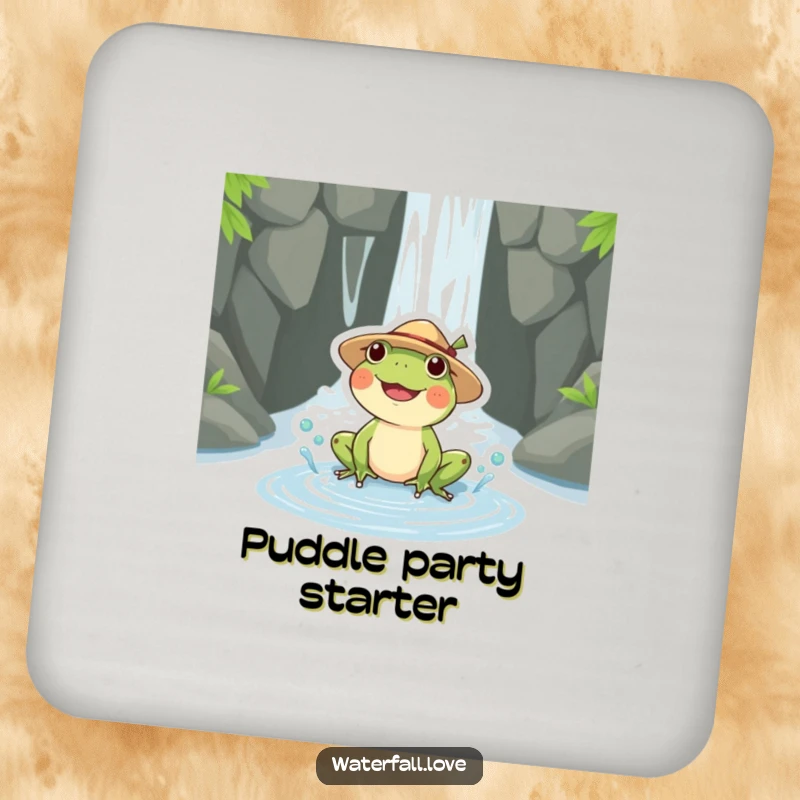 Funny frog wearing a straw hat happily splashing in a puddle by a waterfall, depicted on a durable, funny drink coaster.