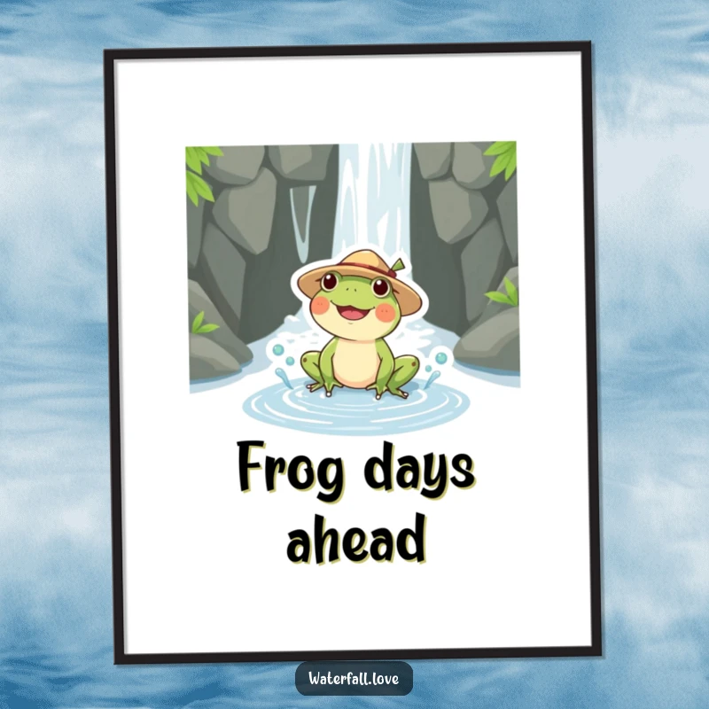 Funny happy frog in a straw hat splashing in a puddle by a waterfall, a vibrant and funny art print.