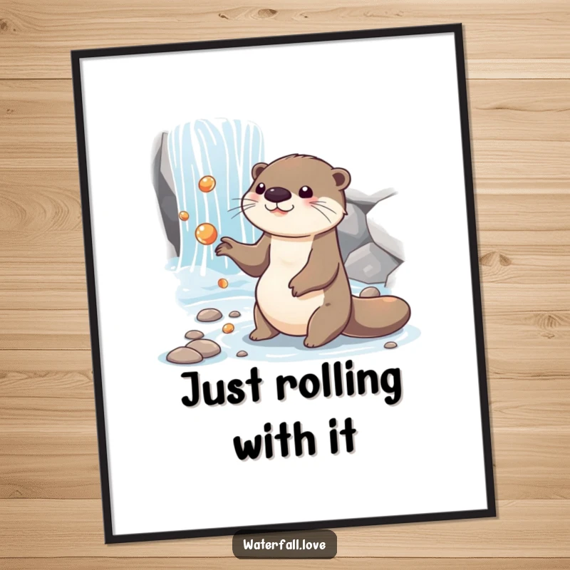 Funny otter juggling shiny pebbles by a cascading waterfall, a vibrant and funny art print for your walls.