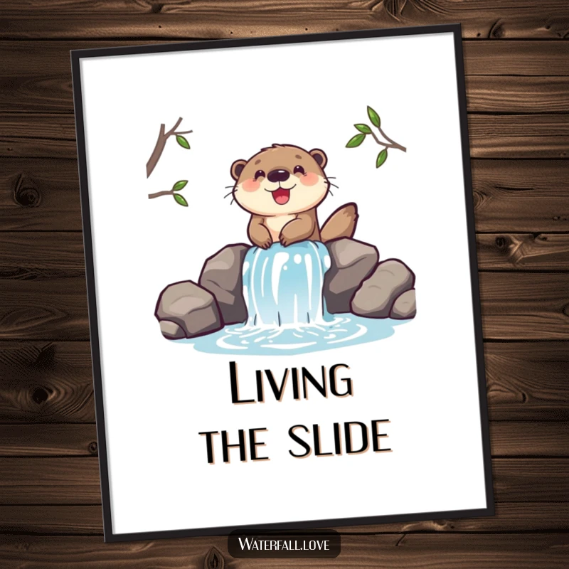Funny poster art of a cheerful otter gleefully sliding down a miniature waterfall, full of aquatic fun.