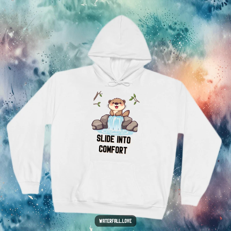 Funny hoodie showcasing a cheerful otter sliding down a miniature waterfall, offering cozy fun and aquatic delight.