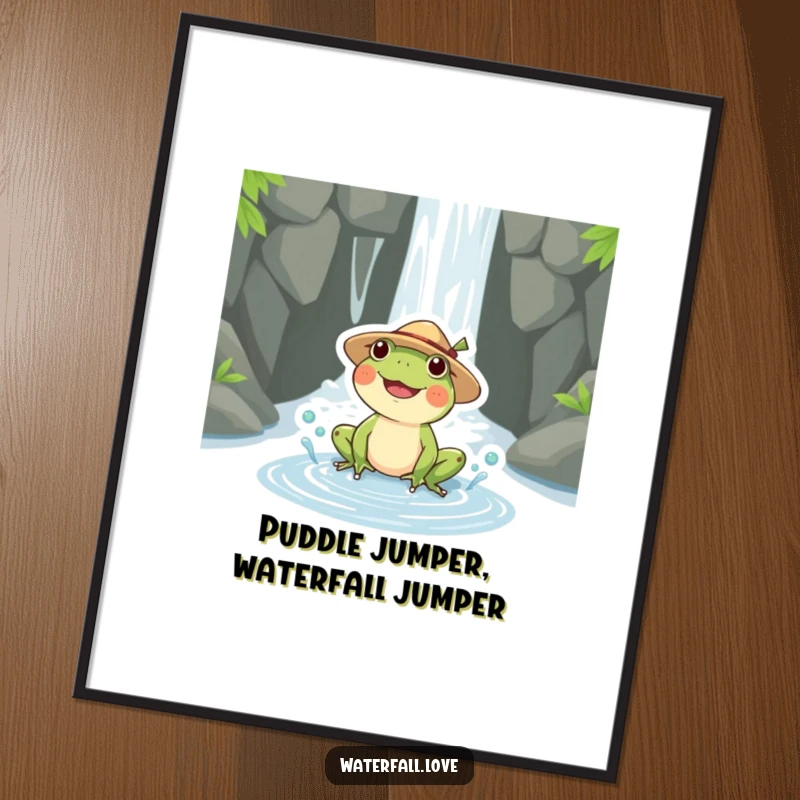 Funny Free Printable Wall Art: A happy frog in a straw hat splashing in a puddle by a waterfall.