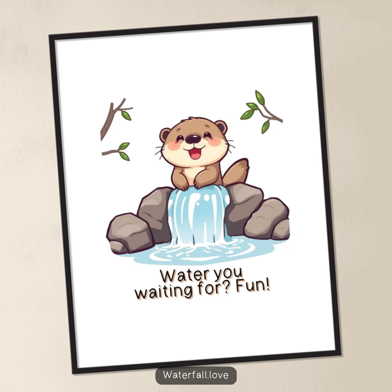 Funny Free Printable Wall Art: A cheerful otter gleefully slides down a miniature waterfall, playful downloadable decor.