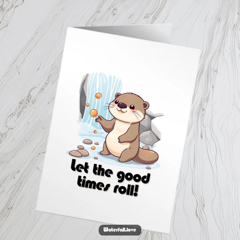 Funny Free Printable Birthday Card: A playful otter skillfully juggling shiny pebbles beside a waterfall.