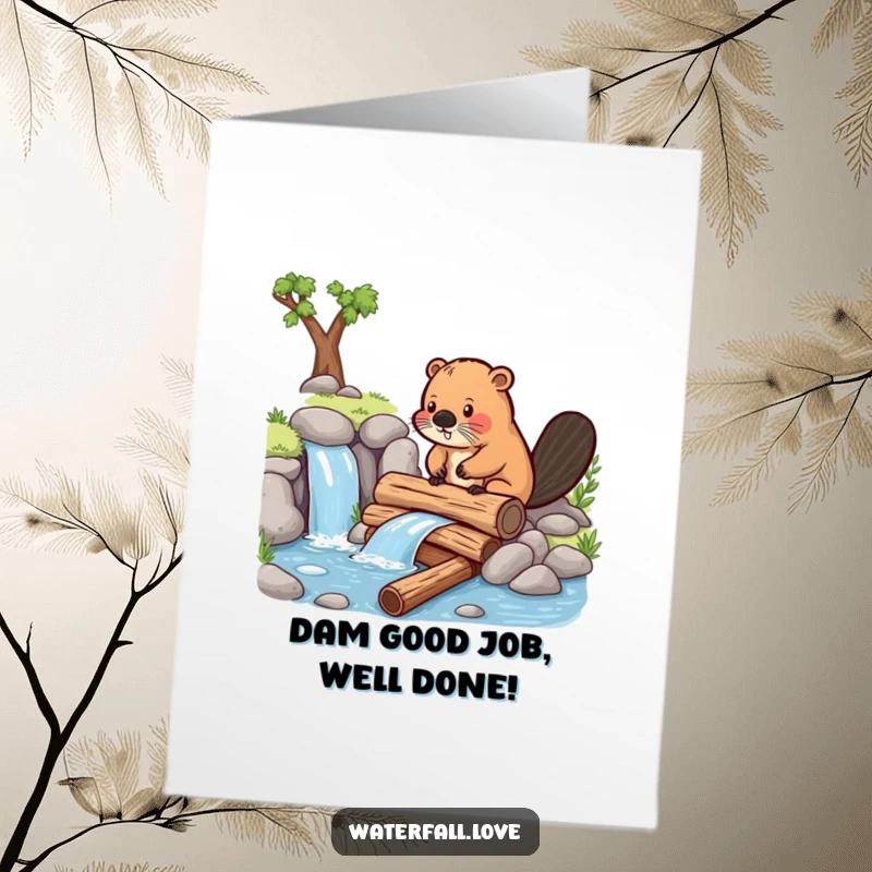 Funny Free Printable Congratulations Card: A determined beaver constructing a miniature dam with logs by a waterfall.