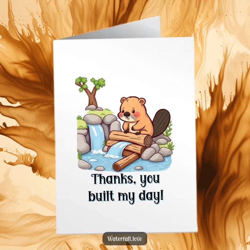 Funny Free Printable Thank You Card: A determined beaver busy building a small dam near a waterfall.