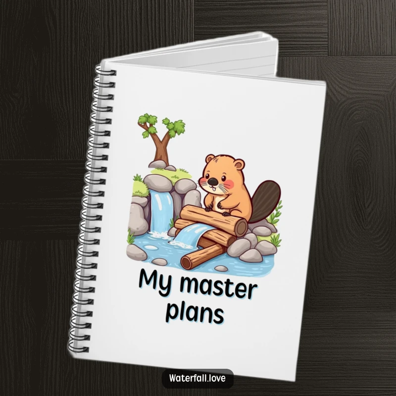 Funny beaver focused on building a dam near a waterfall, featured on the cover of a funny and functional notebook.