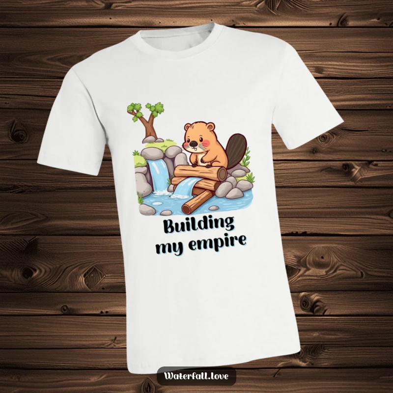Funny beaver constructing a small dam of logs near a waterfall, depicted on a humorous graphic t-shirt.