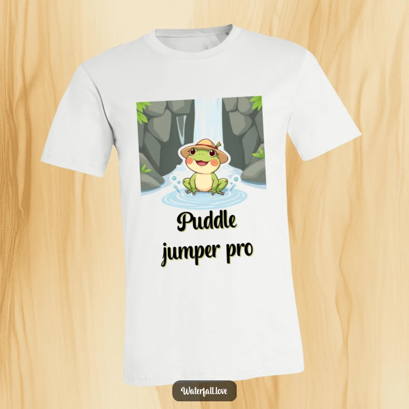 Funny happy frog in a straw hat splashing water near a waterfall, a cheerful graphic t-shirt design.