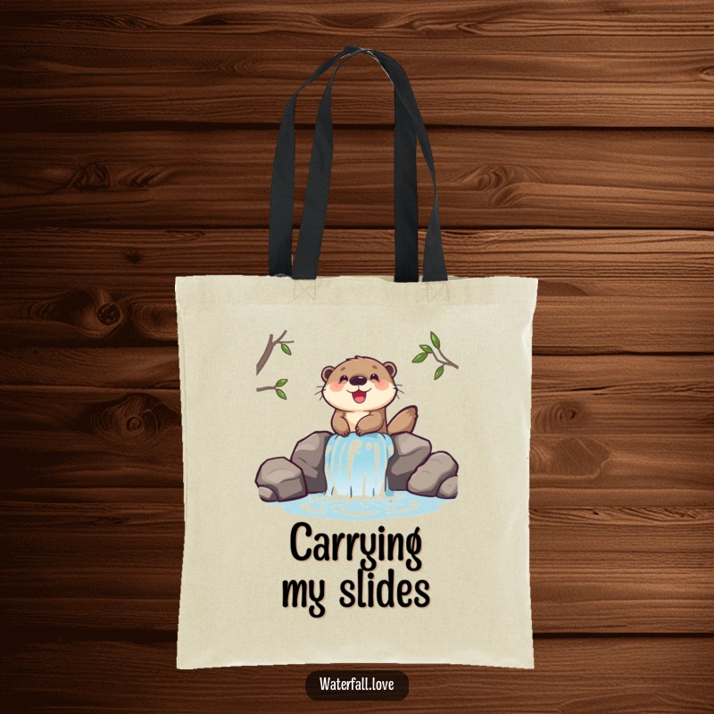 Funny tote bag featuring a cheerful otter sliding down a miniature waterfall, adding a playful touch to any outing.